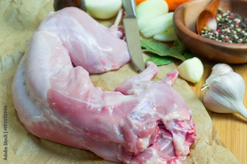 Rabbit meat. Healthy and tasty dish can be prepared from fresh rabbit. Preparing for the frying of rabbit meat.