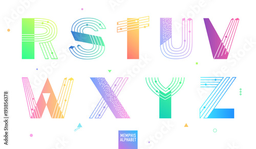 Creative geometric Alphabet set 3 of 3. Postmodernist design typeface in Memphis style. Decorative font with gradient. Vector