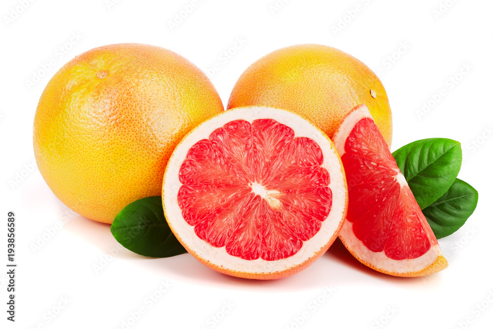 grapefruit and slices with leaves isolated on white background grapefruit and slices with leaves isolated on white background