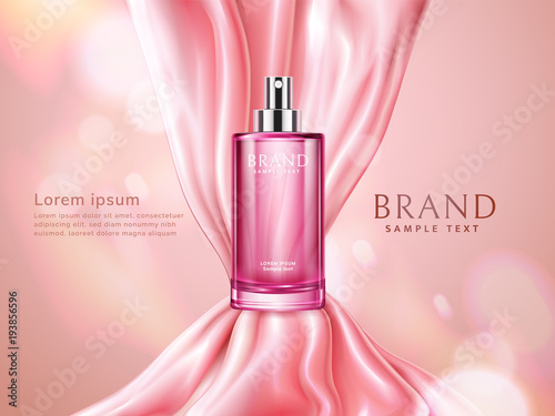 Elegant cosmetic advertising. Pink transparent spray bottle and shiny silk fabric isolated on bokeh background. Silky and delicate satin. Perfume or skin toner. Vector 3d illustration.