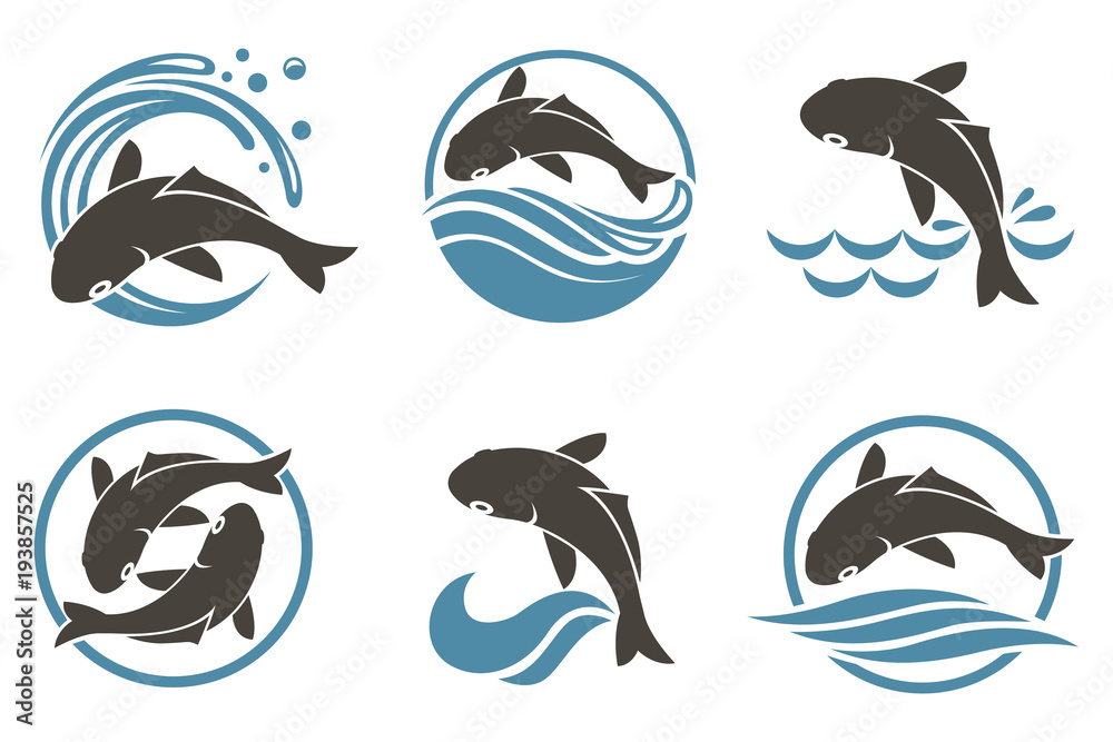 collection of fish icon with waves collection of fish icon with waves