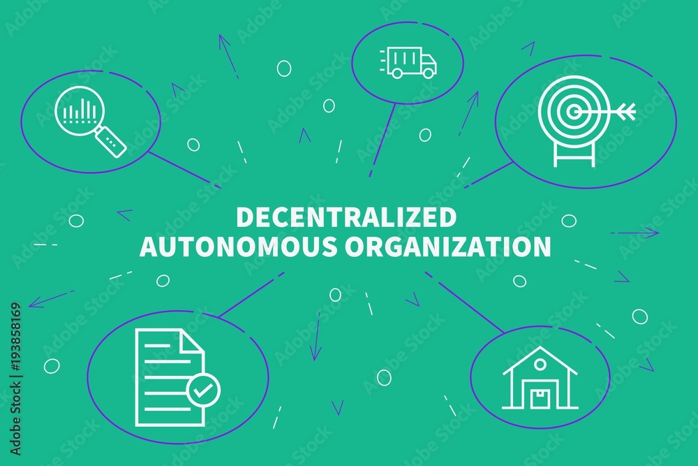 Conceptual business illustration with the words decentralized autonomous organization - obrazy, fototapety, plakaty 
