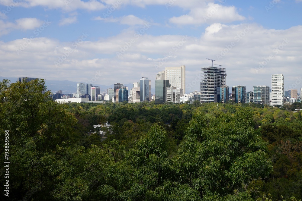 View of Mexico City from Bosque de Chapultepec city park View of Mexico City from Bosque de Chapultepec city park