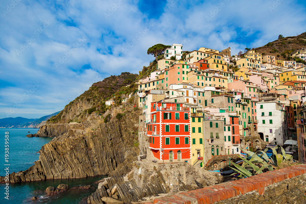 View of architecture of Riomaggiore town. Riomaggiore is one of the most popular town in Cinque Terre National park, Italy