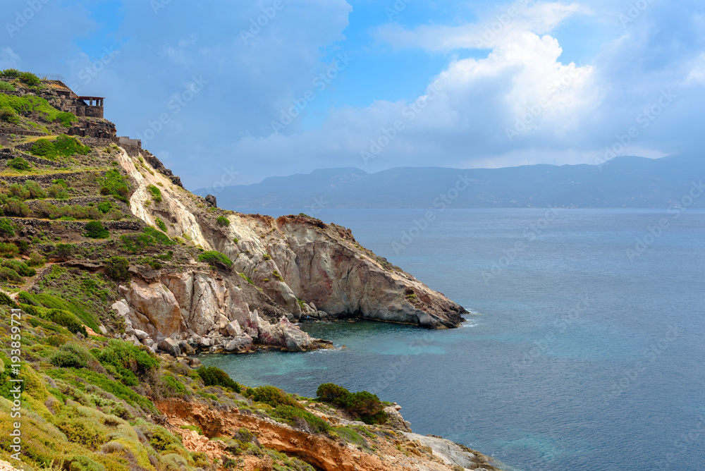 Beautiful coast of Milos island with view of Fourkovouni bay. Cyclades, Greece.