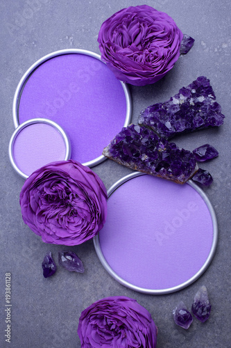 Amethyst crystals and roses with a round frame with a place photo