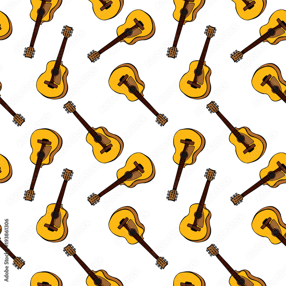 Naklejka premium hand-drawn brown classic guitar, seamless pattern