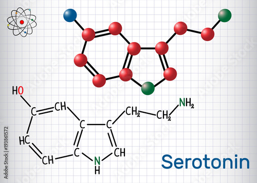 Serotonin molecule, is a monoamine neurotransmitter. Structural chemical formula and molecule model. Sheet of paper in a cage