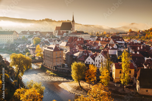Historic town of Cesky Krumlov at sunrise, Bohemia, Czech Republic photo