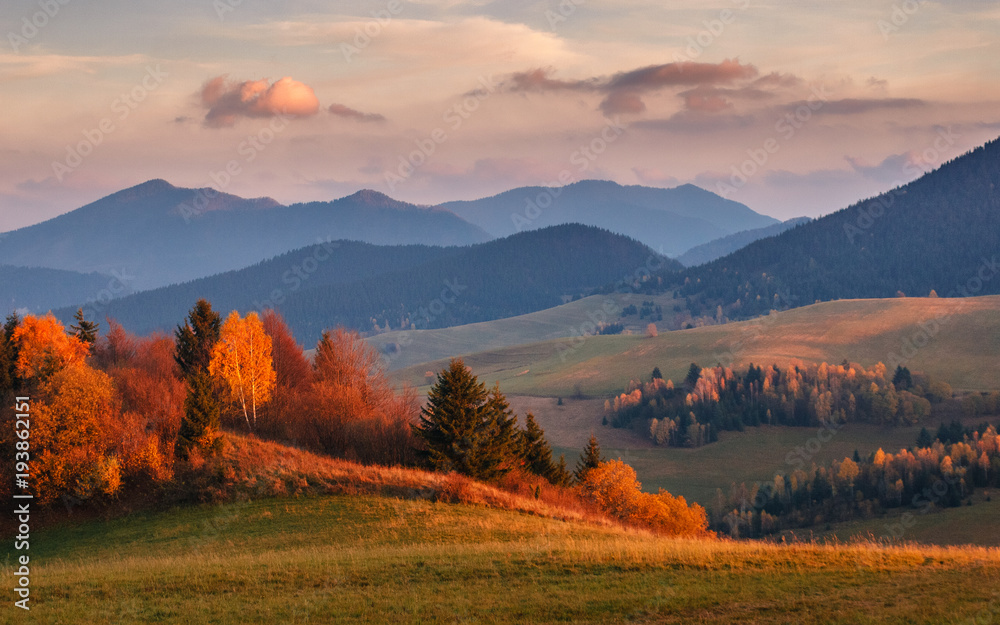 Mountain landscape at sunset in autumn, Mala Fatra National Park, Slovakia, Europe.