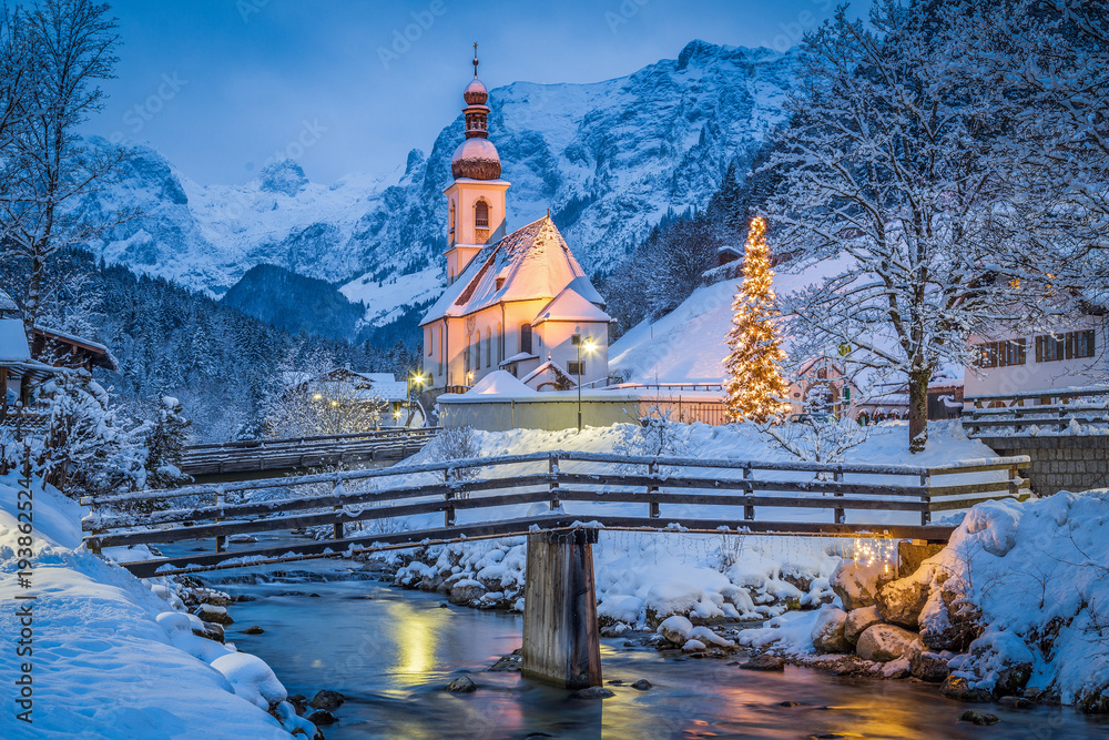 Church of Ramsau in winter twilight, Bavaria, Germany
