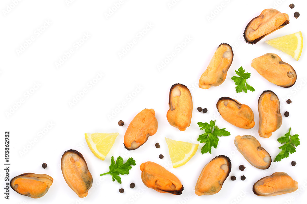 mussels with parsley lemon and peppercorns isolated on white background. Top view. Flat lay
