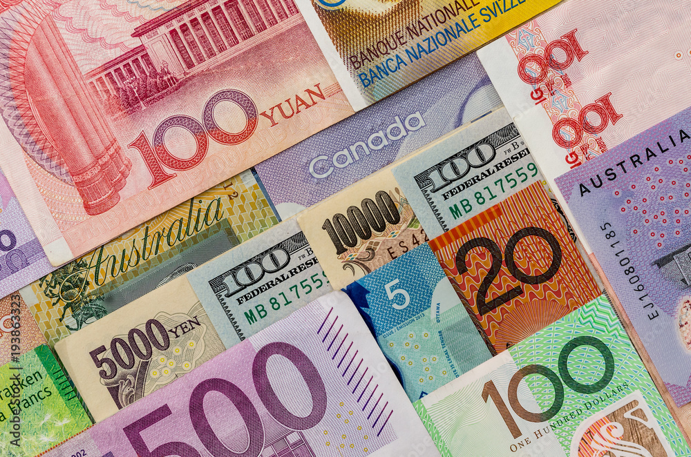Obraz premium American Us Canadian Australian Dollar, Euro, Japanese Yen, and Chinese Yuan banknote