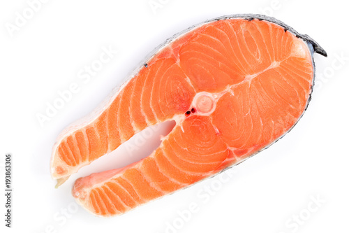 Slice of red fish salmon isolated on white background. Top view. Flat lay