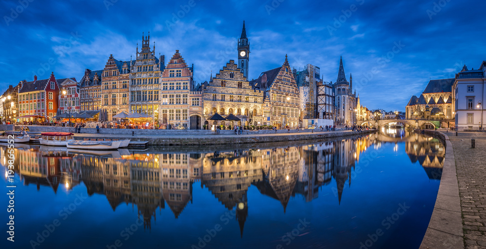 Twilight panorama of the city of Gent, Flanders, Belgium