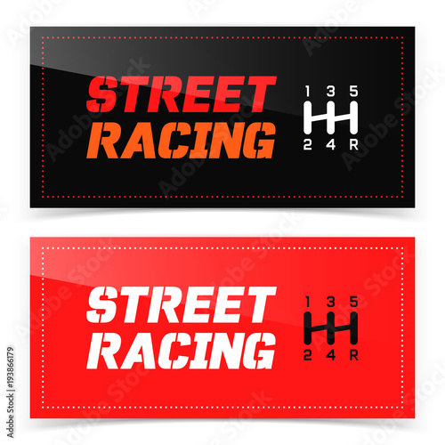 Street racing banner design with gearshift icon