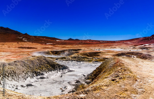 View on geyser Sol de Manana in the Altiplano of Bolivia