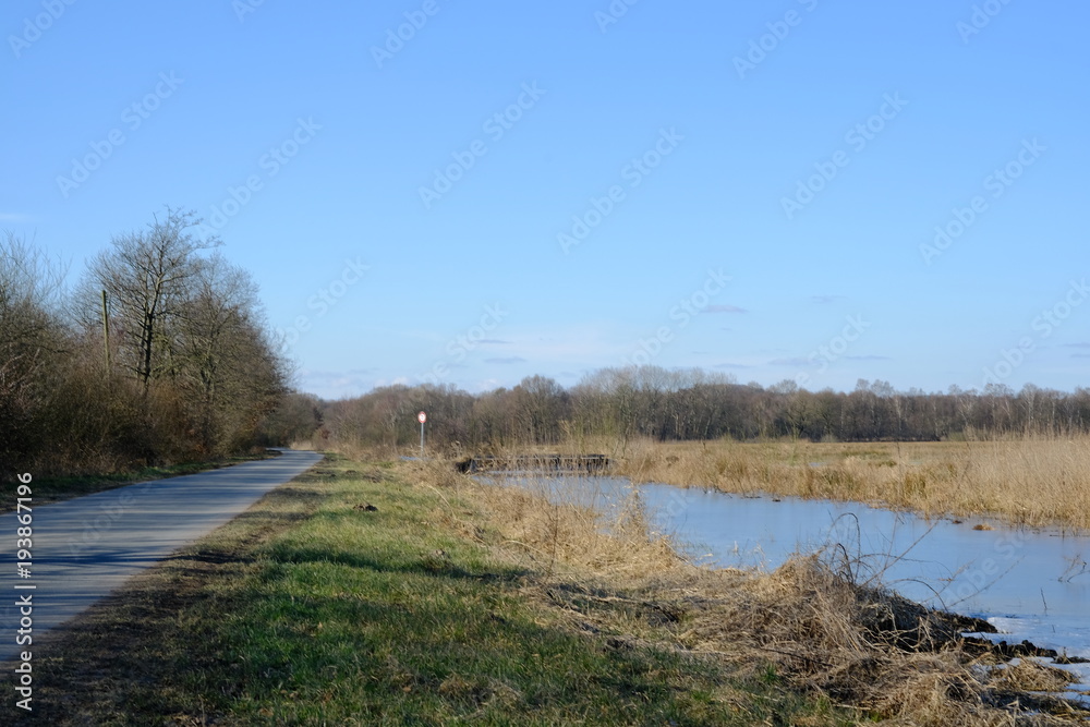 Am Ahrensfelder Damm in Osterholz-Scharmbeck im Winter mit gefrorenen Eisflächen.