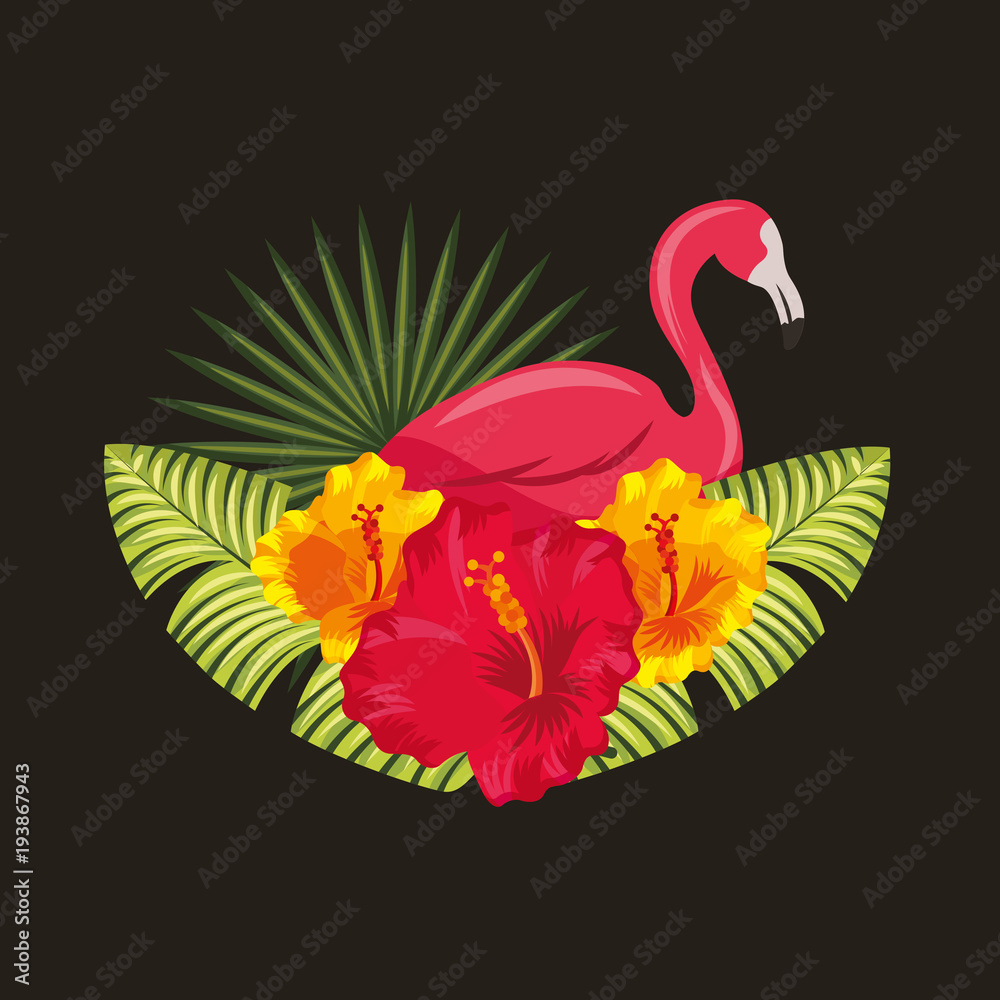tropical pink flamingo hibiscus palm leaves black background vector illustration tropical pink flamingo hibiscus palm leaves black background vector illustration