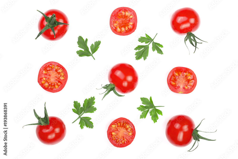 Cherry small tomatoes with parsley leaves isolated on white background. Set or collection. Top view. Flat lay Cherry small tomatoes with parsley leaves isolated on white background. Set or collection. Top view. Flat lay
