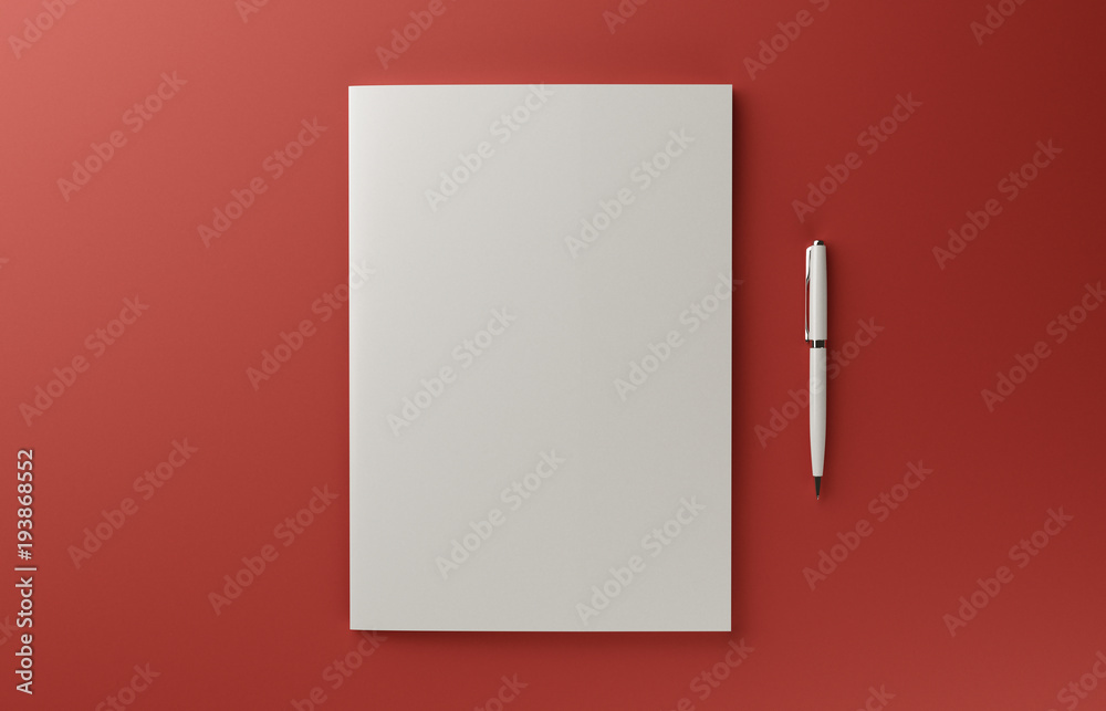 Blank photorealistic booklet cover mockup isolated on red background, 3D illustration. Blank photorealistic booklet cover mockup isolated on red background, 3D illustration.