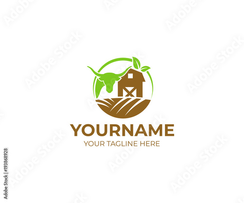 Bull and farm with fields logo template. Barn and cattle vector design. Agriculture illustration