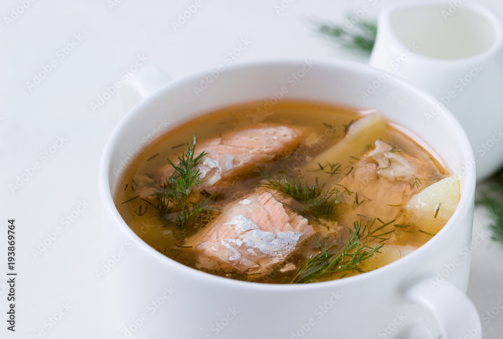 Salmon soup in a saucepan. Salmon soup in a saucepan.