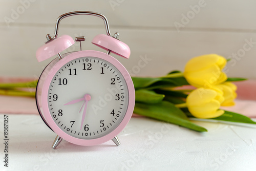 Pink alarm clock and fresh tulip flowers. Spring time change. photo