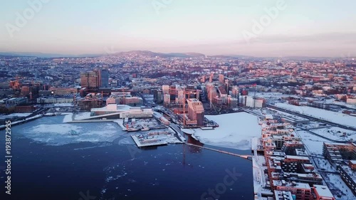 Aerial point of interest shot at sunset of the new Munch museum Lambda in Oslo, Norway seen from Sorenga area towards Grefsenkollen