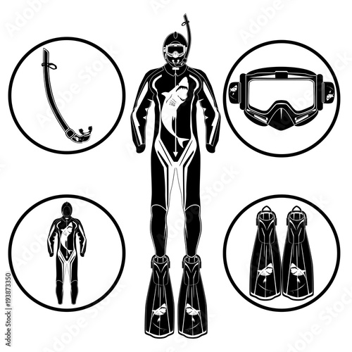 Diver and diving equipment vector flat icon set