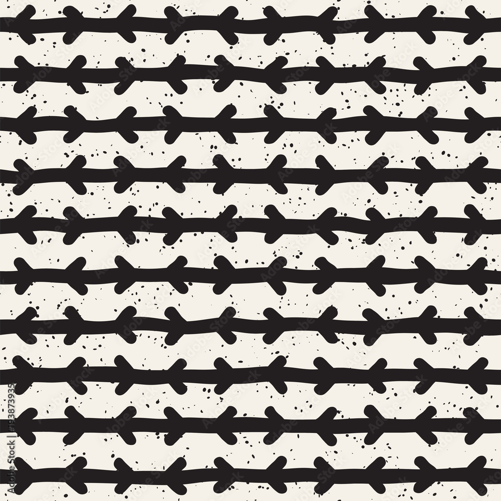 Hand drawn style ethnic seamless pattern. Abstract grungy geometric background in black and white.