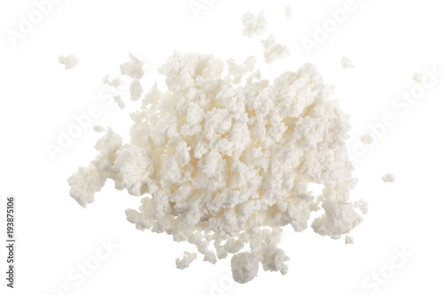 Cottage cheese isolated on white background. Top view. Flat lay