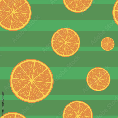 Seamless pattern with oranges on a green background. Vector.