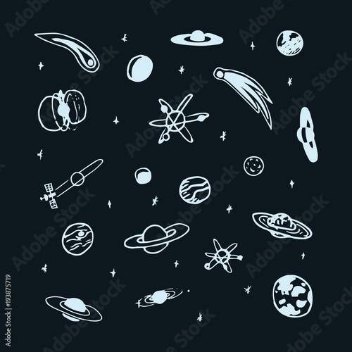 Vector set of hand drawn doodle space object - planet, comet, orbit, satellite, earth, moon, star