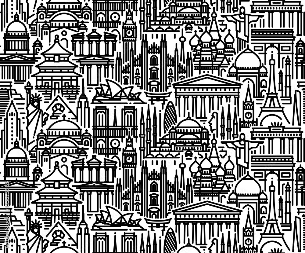 Fototapeta premium Seamless pattern with cityscape of worlds most popular tourist attractions. Modern flat line vector background for traveling, tourism and journey concepts