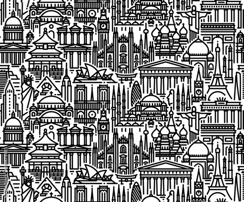 Seamless pattern with cityscape of worlds most popular tourist attractions. Modern flat line vector background for traveling, tourism and journey concepts