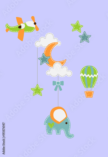 Baby background - elephant under moon and clouds with airplane baloon and stars