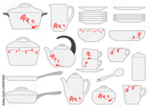 Set of stickers cookware isolated on white background. Vector illustration. Kitchen utensils.