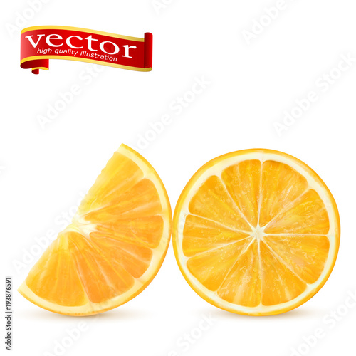Ripe juicy sweet orange slices vector realistic 3d illustration high detail. 