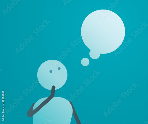 Thinking character looking at thought bubble. Vector illustration
