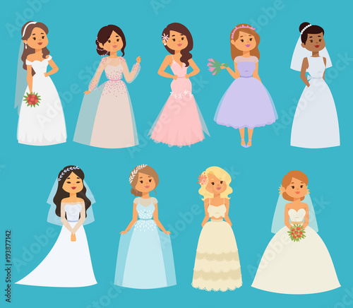 Wedding brides vector girl characters white dress illustration. Celebration fashion woman cartoon girl white dress. Romance ceremony woman dress marriage love beautiful bride