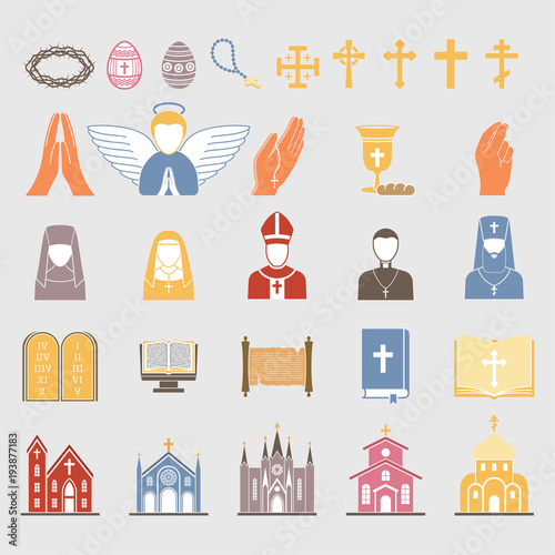 Christianity religion vector flat icons Illustration traditional holy bible symbols candle silhouette. praying people design and faith priest church architecture building. Easter christian symbols