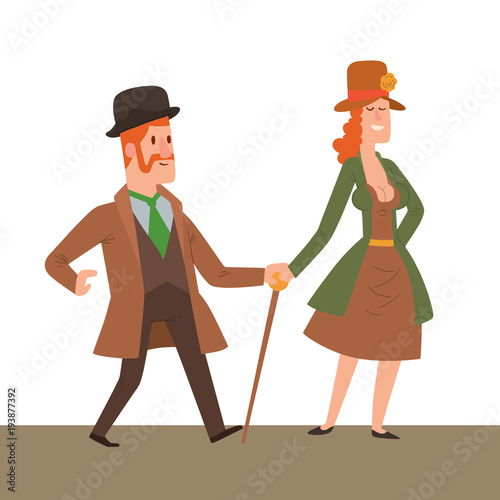 Vintage victorian cartoon gents retro people vector. Style fashion old people victorian gentleman clothing antique century character victorian gent people vintage wild west man and woman style