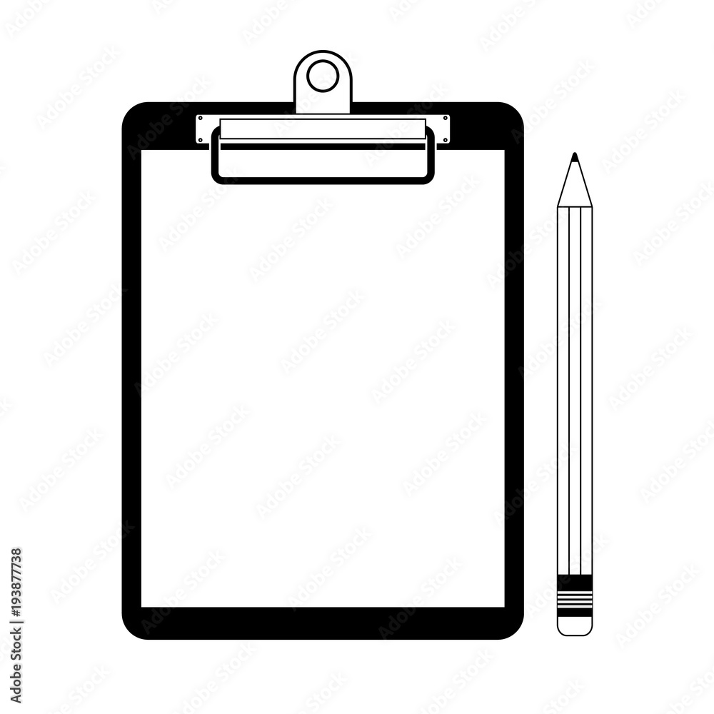 White blank paper with pencil on clipboard symbol. Vector Illustration on white background. White blank paper with pencil on clipboard symbol. Vector Illustration on white background.