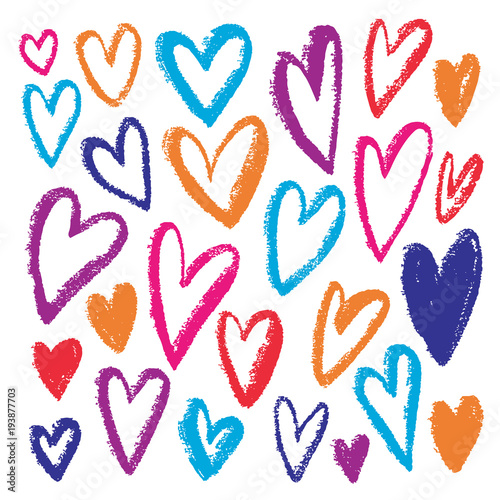 Hand drawn colorful Hearts. Vector grunge inked illustration. Colorful kids prints. Valentines day, birthday or other holidays decorations