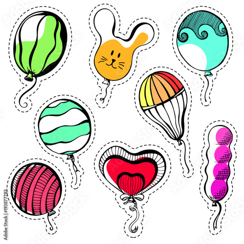 Set of stickers. Balls of different shapes and colors.Hand drawn, isolated on a white background. Vector illustration.