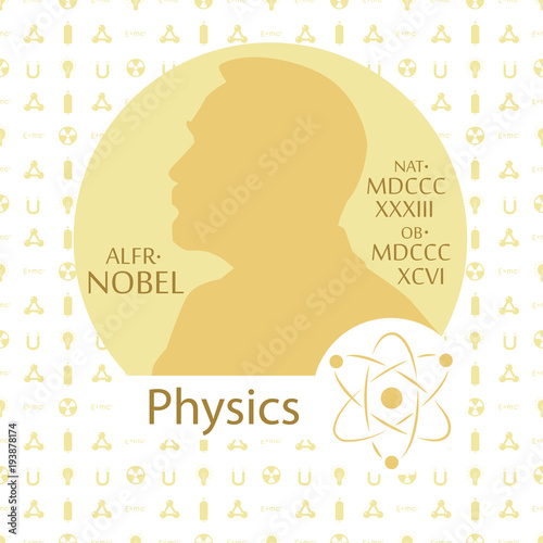 Stylized Nobel medal. Silhouette of Nobel in a flat style. Seamless pattern with elements on a physics theme. Vector illustration photo