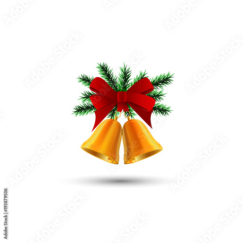 Two golden bells with Christmas tree branches. Vector