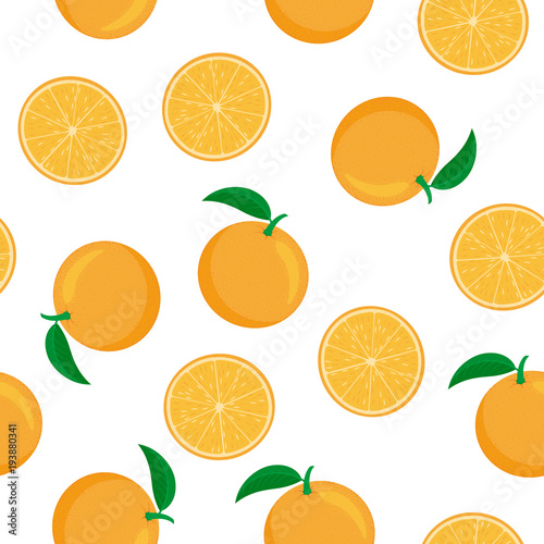Seamless pattern of whole and cut oranges on a white background.