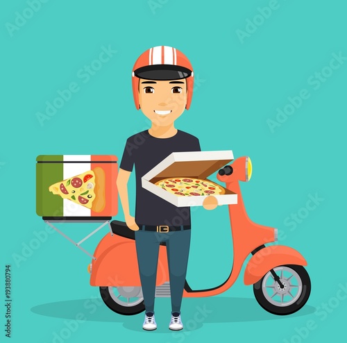 A young guy stands near a moped with pizza in his hand. Work in the service sector. Fast delivery. In flat style. Cartoon.